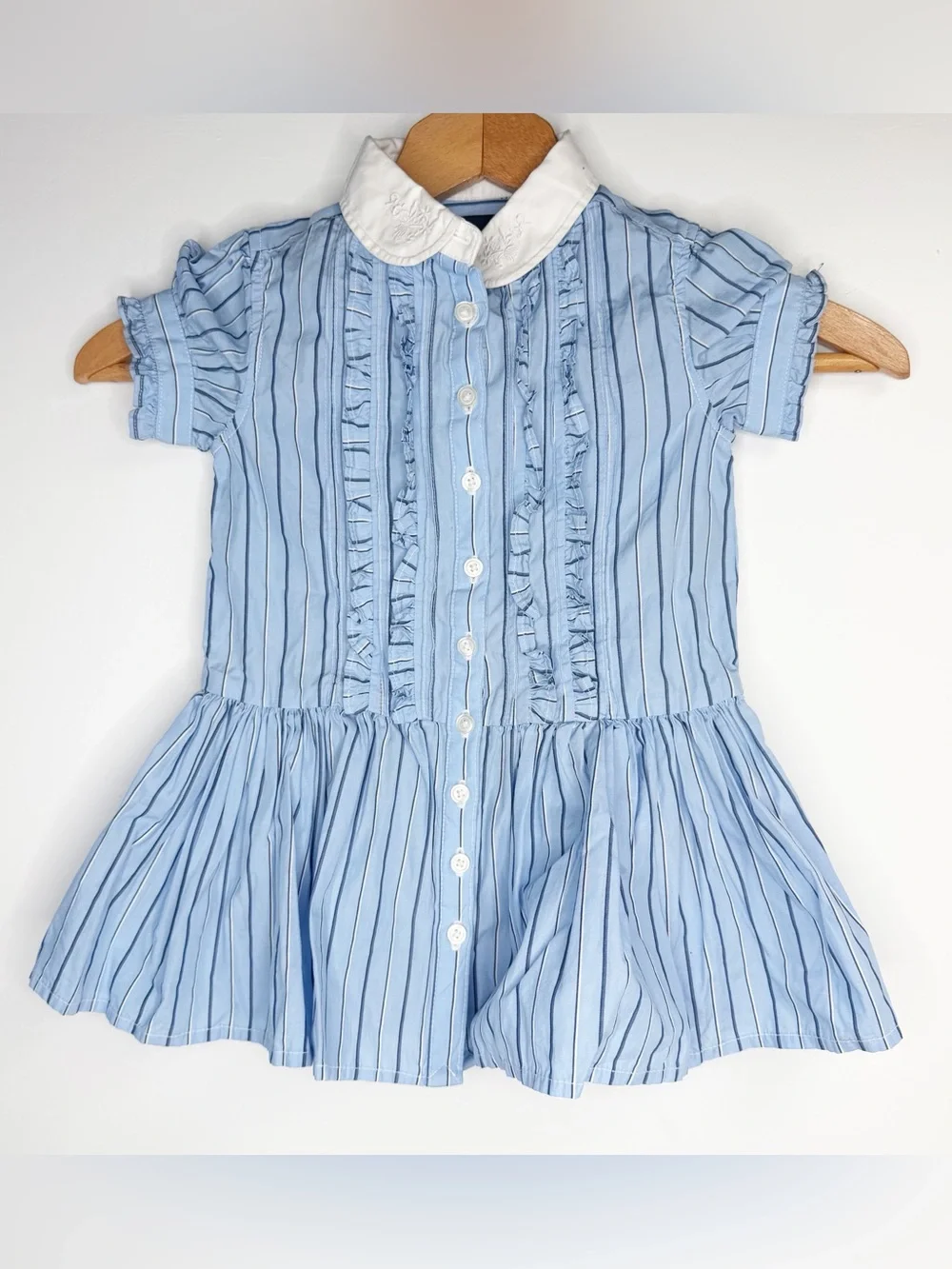 Ralph Lauren Classic Blue Striped Girls' Dress with Embroidered White Collar 2T